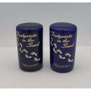 Vintage Salt & Pepper Shakers, Cobalt Blue Footprints in the Sand Nassau Bahamas